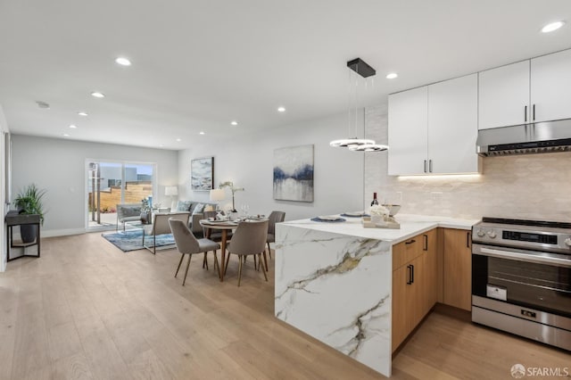 2055 42nd Ave, San Francisco, CA 94116 - kitchen featuring stainless steel range with electric stovetop, under cabinet range hood, decorative backsplash, light wood-style flooring, and recessed lighting