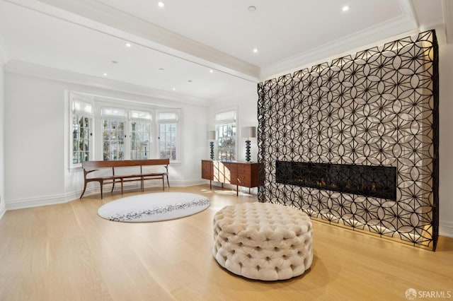 living area with baseboards, ornamental molding, wood finished floors, a fireplace, and recessed lighting