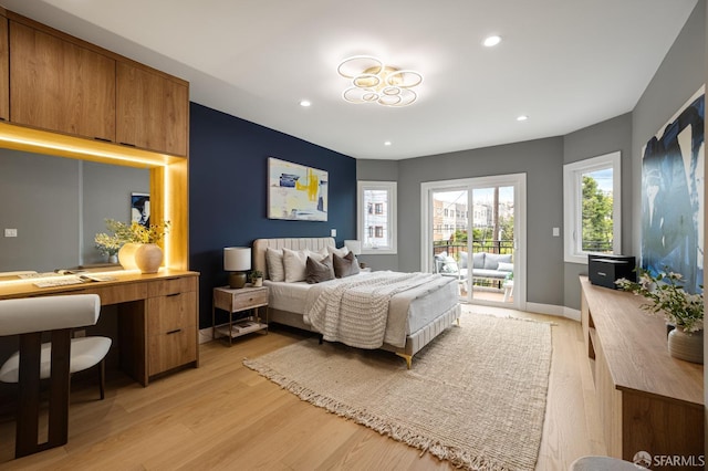 bedroom with access to outside, light wood finished floors, recessed lighting, and baseboards