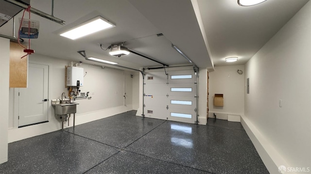 garage with tankless water heater, baseboards, and a garage door opener