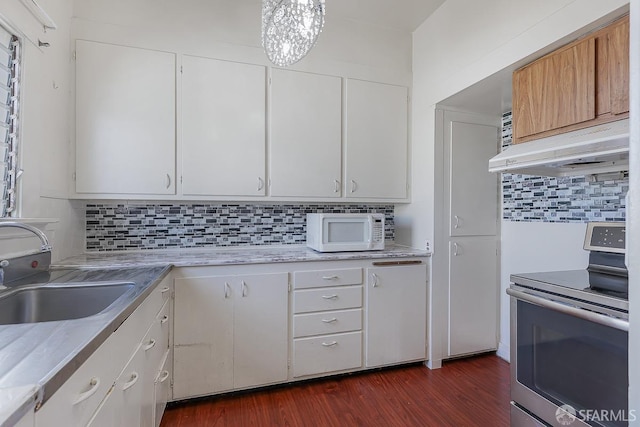 kitchen with dark wood finished floors, white microwave, stainless steel range with electric cooktop, a sink, and under cabinet range hood