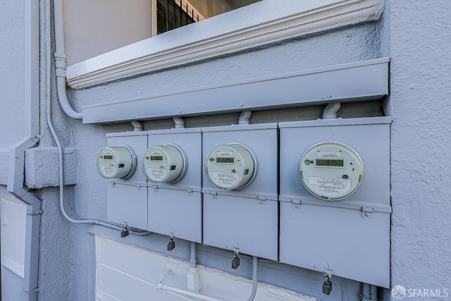 exterior details with electric meter and stucco siding