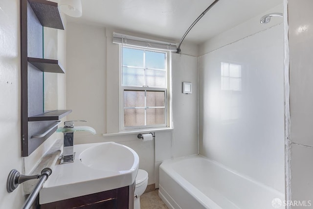 full bathroom with toilet, a washtub, a shower, and vanity