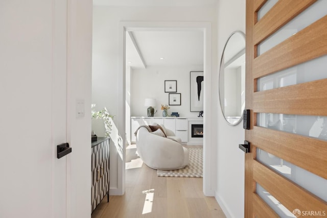 26 Southwood Dr, San Francisco, CA 94112 - foyer featuring light wood-type flooring, a glass covered fireplace, recessed lighting, and baseboards
