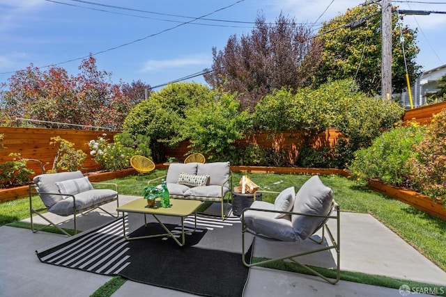26 Southwood Dr, San Francisco, CA 94112 - fenced backyard with an outdoor living space with a fire pit and a patio area