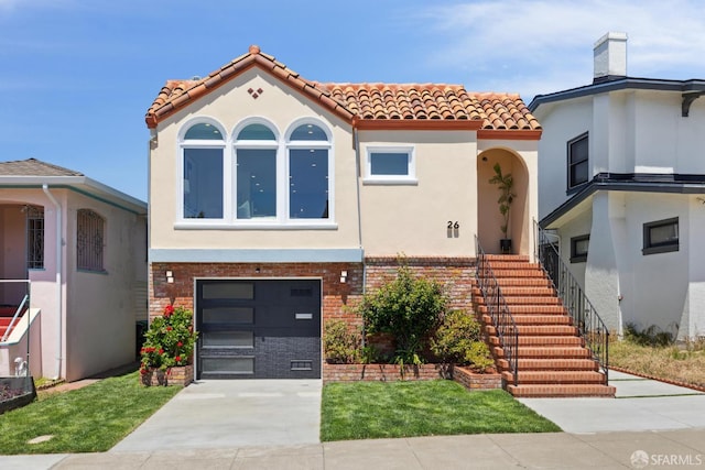 26 Southwood Dr, San Francisco, CA 94112 - mediterranean / spanish home with a tiled roof, stucco siding, concrete driveway, and a garage