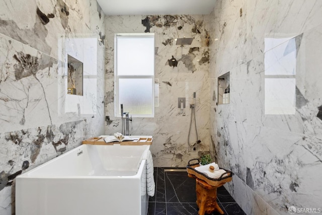 26 Southwood Dr, San Francisco, CA 94112 - bathroom featuring marble tiled flooring, a marble finish shower, a freestanding bath, and tile walls