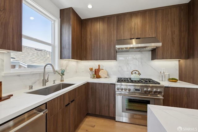 26 Southwood Dr, San Francisco, CA 94112 - kitchen with wall chimney range hood, appliances with stainless steel finishes, a sink, modern cabinets, and tasteful backsplash