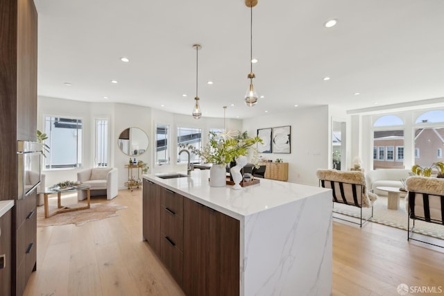 26 Southwood Dr, San Francisco, CA 94112 - kitchen with open floor plan, modern cabinets, a sink, light wood-style floors, and recessed lighting