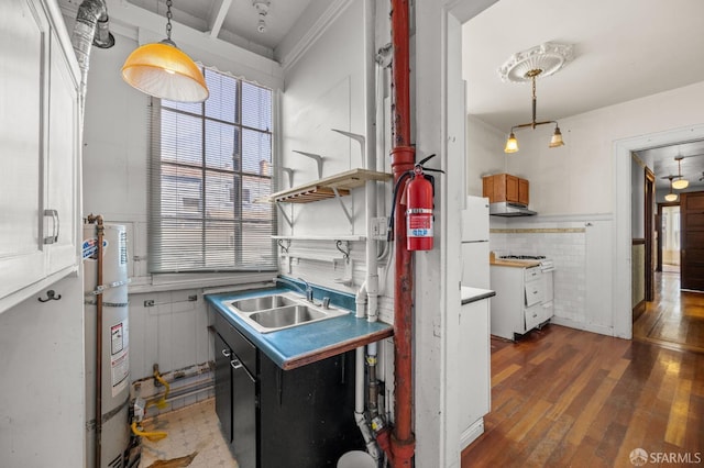 3340 24th St, San Francisco, CA 94110 - kitchen featuring a sink, water heater, wood finished floors, pendant lighting, and wainscoting