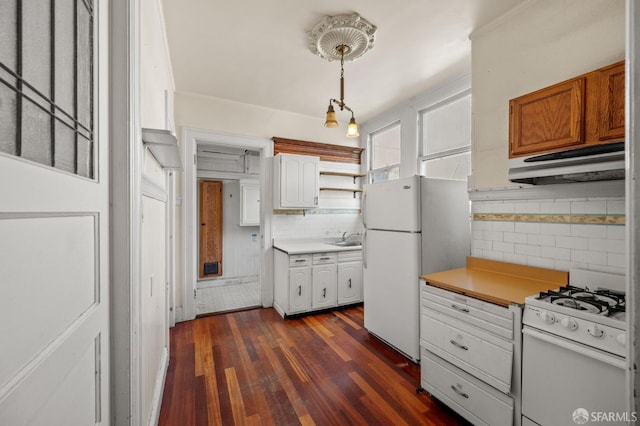 3340 24th St, San Francisco, CA 94110 - kitchen featuring under cabinet range hood, white appliances, a sink, tasteful backsplash, and dark wood finished floors
