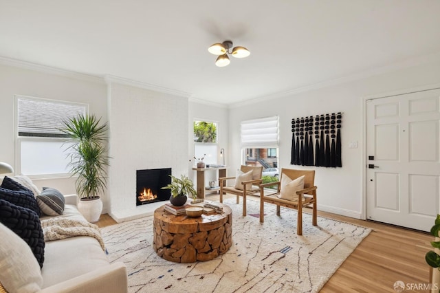 living room featuring crown molding, light wood-type flooring, and a fireplace