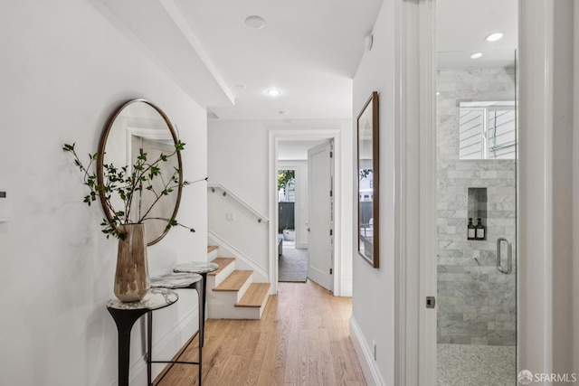 267 Bonview St, San Francisco, CA 94110 - hall featuring light wood-style floors, stairs, and recessed lighting