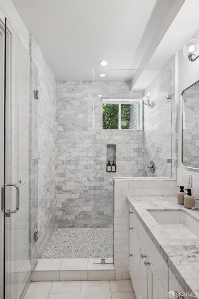 267 Bonview St, San Francisco, CA 94110 - full bath featuring vanity, a stall shower, tile patterned floors, and recessed lighting