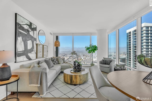 living room with floor to ceiling windows and hardwood / wood-style floors