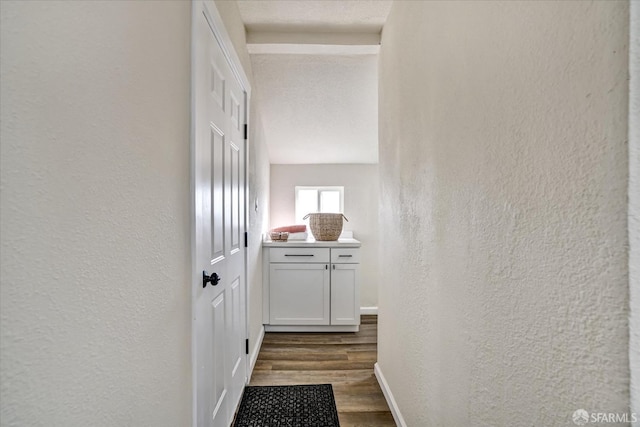 corridor featuring dark wood-type flooring