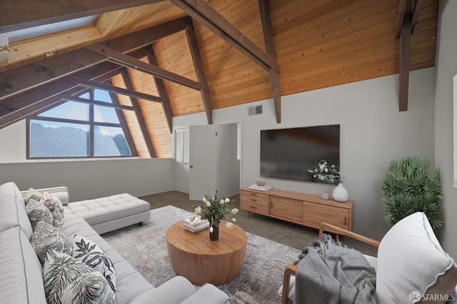 living area with lofted ceiling with beams, carpet flooring, wood ceiling, and visible vents