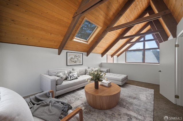 carpeted living room with lofted ceiling with skylight and wooden ceiling