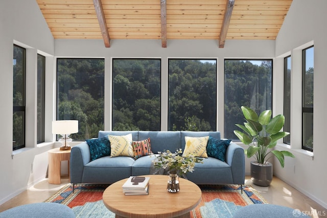 sunroom featuring lofted ceiling with beams and wood ceiling