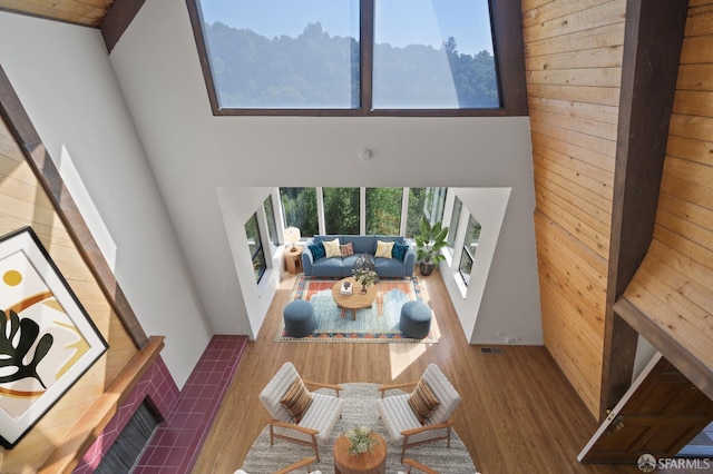 living room featuring a high ceiling and wood finished floors