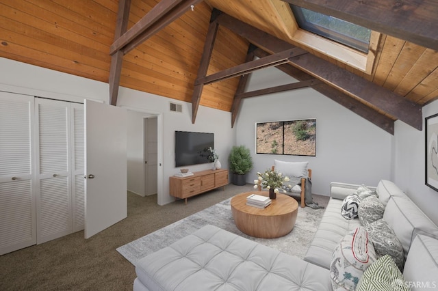 carpeted living area featuring visible vents, high vaulted ceiling, a skylight, wooden ceiling, and beamed ceiling