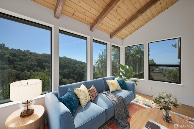 sunroom featuring wooden ceiling and lofted ceiling with beams