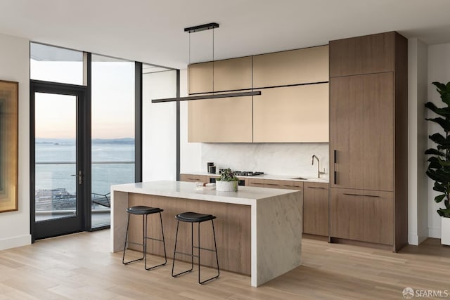 kitchen featuring a center island, tasteful backsplash, light hardwood / wood-style flooring, pendant lighting, and a water view