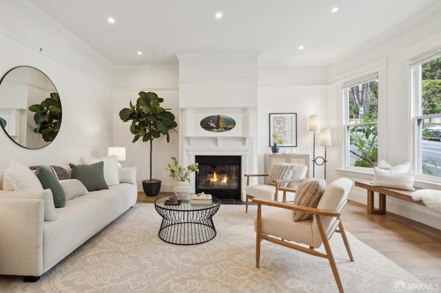 living area featuring light wood-style floors, a fireplace, crown molding, and recessed lighting