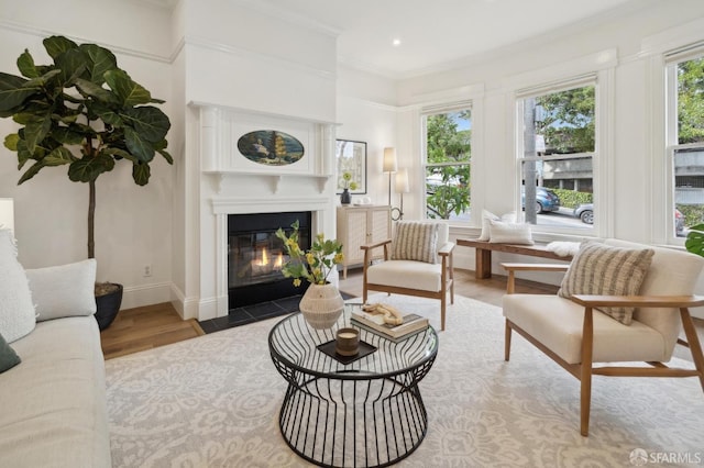 sunroom with a fireplace with flush hearth