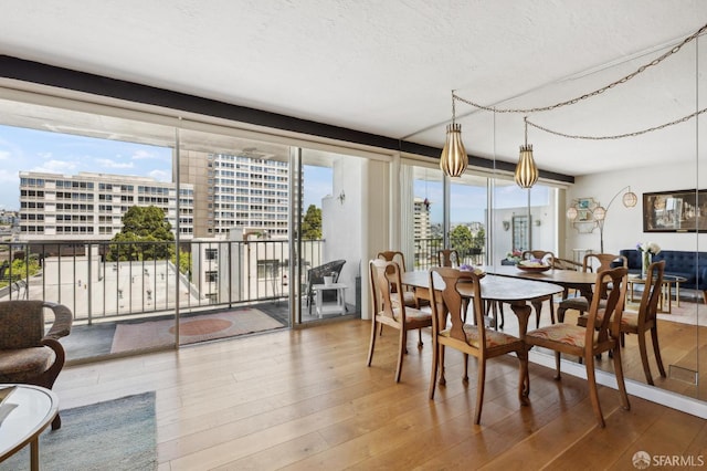 dining space with hardwood / wood-style floors and a textured ceiling