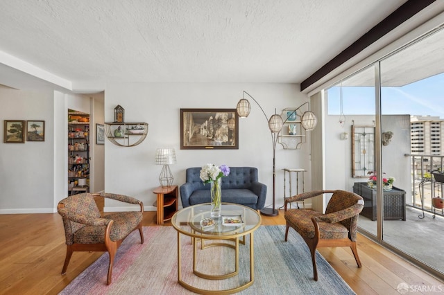 living area with wood finished floors, a textured ceiling, plenty of natural light, and baseboards