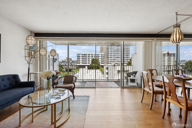 living area with wood-type flooring, healthy amount of natural light, a textured ceiling, and a city view