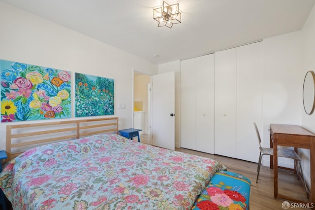 bedroom with hardwood / wood-style floors and a closet