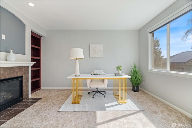 carpeted office with recessed lighting, baseboards, and a fireplace