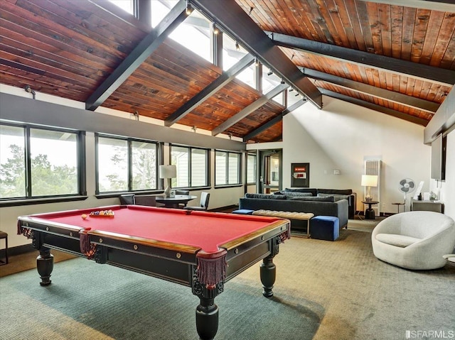 game room featuring beamed ceiling, carpet floors, high vaulted ceiling, and pool table