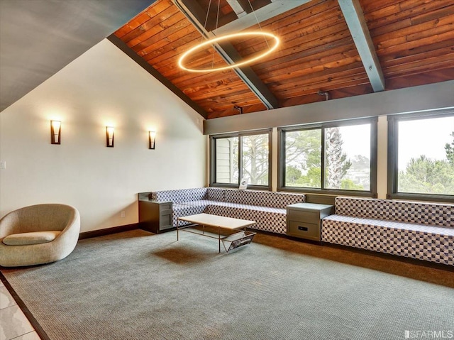 interior space featuring light tile patterned flooring, beamed ceiling, wooden ceiling, and high vaulted ceiling