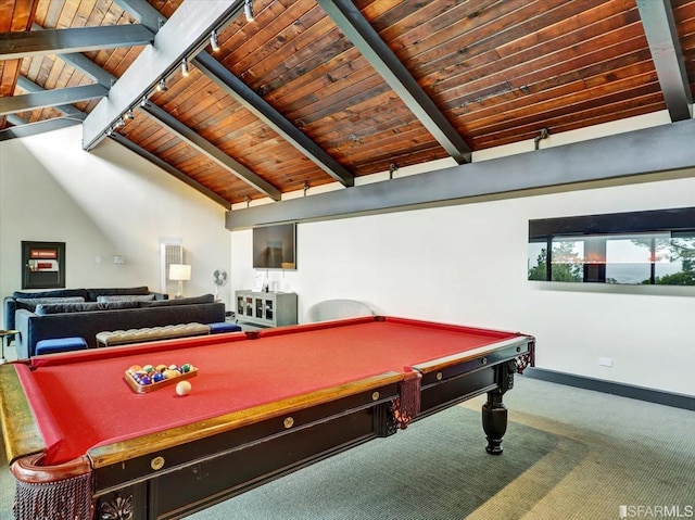 recreation room with rail lighting, vaulted ceiling with beams, carpet, wood ceiling, and pool table