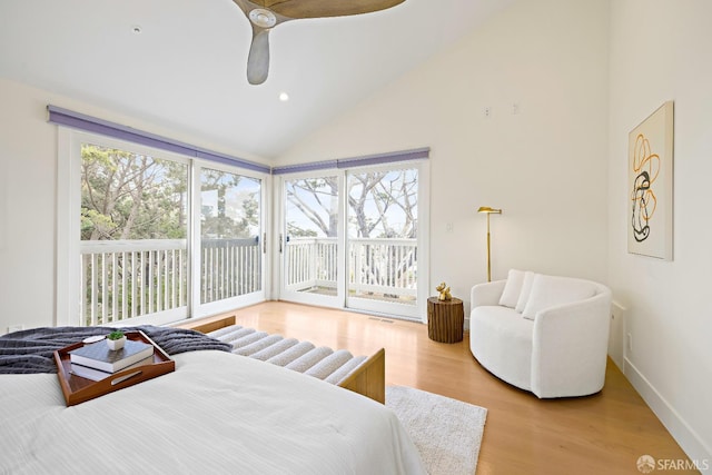 bedroom with baseboards, ceiling fan, wood finished floors, access to exterior, and recessed lighting