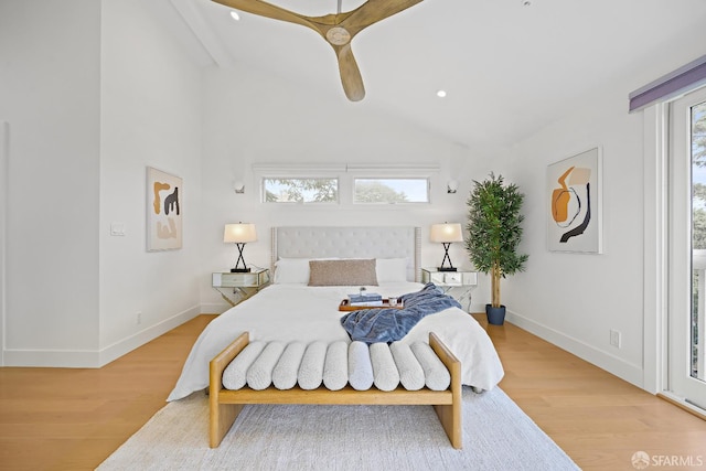 bedroom featuring light wood-style floors, baseboards, high vaulted ceiling, and recessed lighting