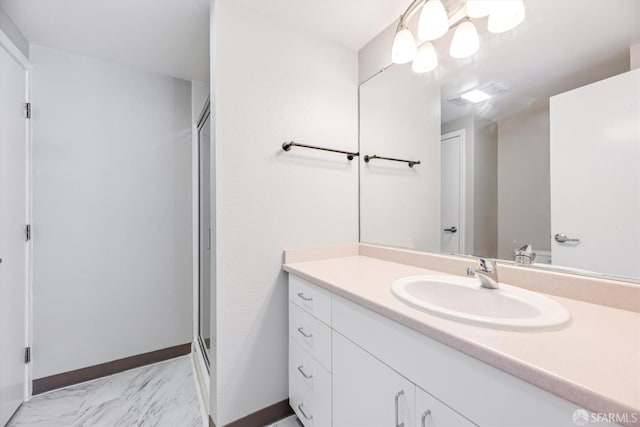 8100 Oceanview Ter Unit 117, San Francisco, CA 94132 - bathroom with vanity, marble look tiles, a stall shower, and baseboards