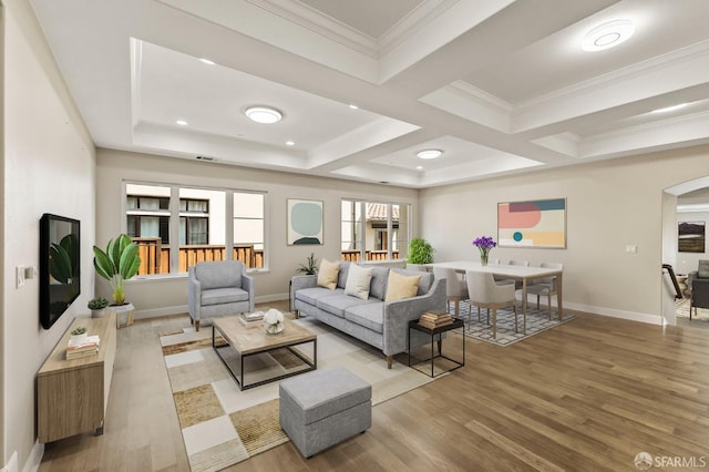 42119 Vinha Way, Fremont, CA 94539 - living area featuring wood finished floors, arched walkways, baseboards, ornamental molding, and beamed ceiling