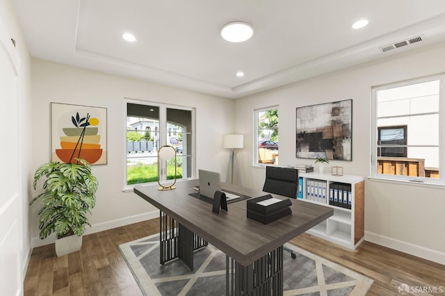 42119 Vinha Way, Fremont, CA 94539 - home office with a raised ceiling, wood finished floors, baseboards, and recessed lighting