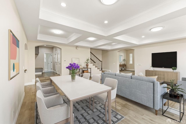 42119 Vinha Way, Fremont, CA 94539 - dining room with arched walkways, stairway, light wood-style floors, crown molding, and baseboards