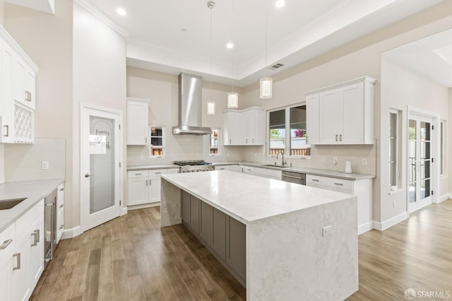 42119 Vinha Way, Fremont, CA 94539 - kitchen with wall chimney range hood, appliances with stainless steel finishes, light wood-type flooring, backsplash, and ornamental molding