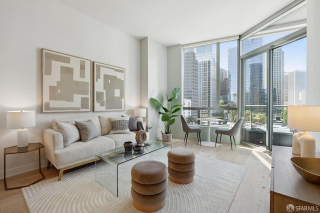 living room with expansive windows, light hardwood / wood-style flooring, and plenty of natural light