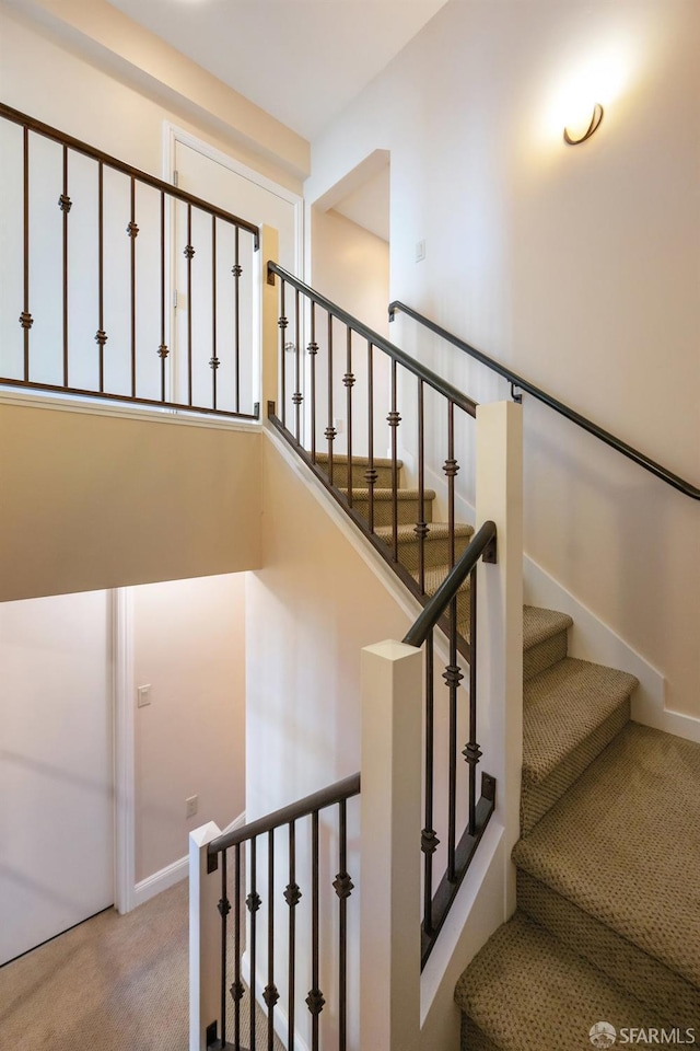 stairway featuring carpet flooring