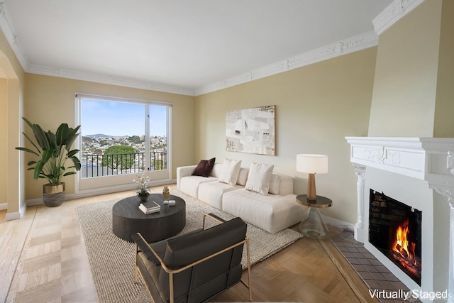 living room with crown molding and light parquet flooring