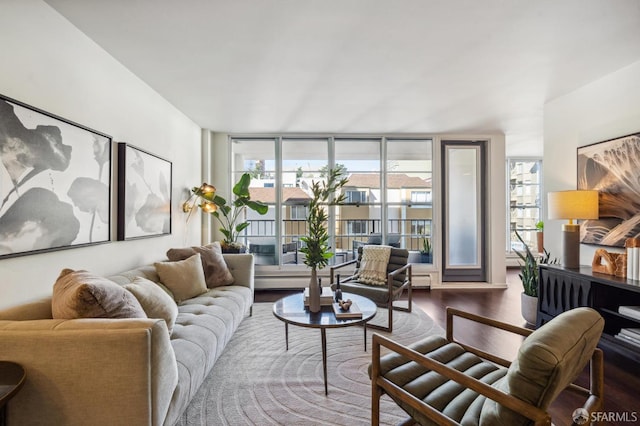 living room with dark hardwood / wood-style floors and expansive windows