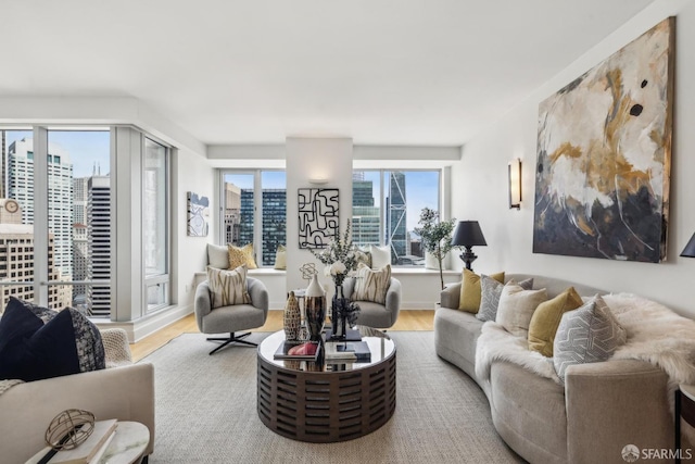 living room featuring a view of city and wood finished floors