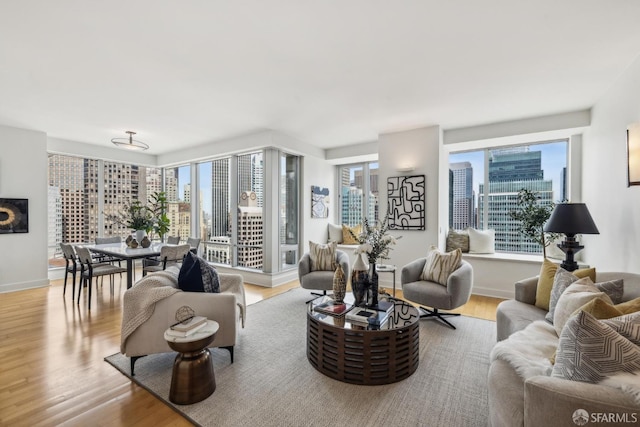 living room featuring baseboards, a city view, and wood finished floors